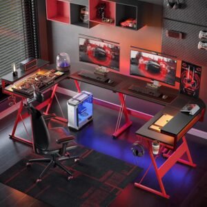 Escritorio para juegos en forma de L con luces LED