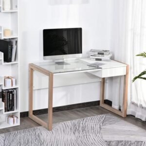 HOMCOM Escritorio de Diseño Nórdico Moderno-blanco-cristal-madera