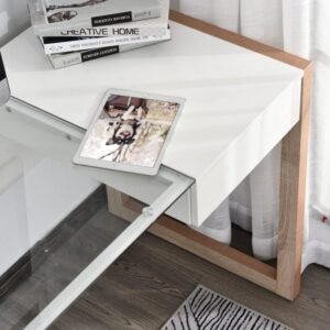 HOMCOM Escritorio de Diseño Nórdico Moderno-blanco-cristal-madera
